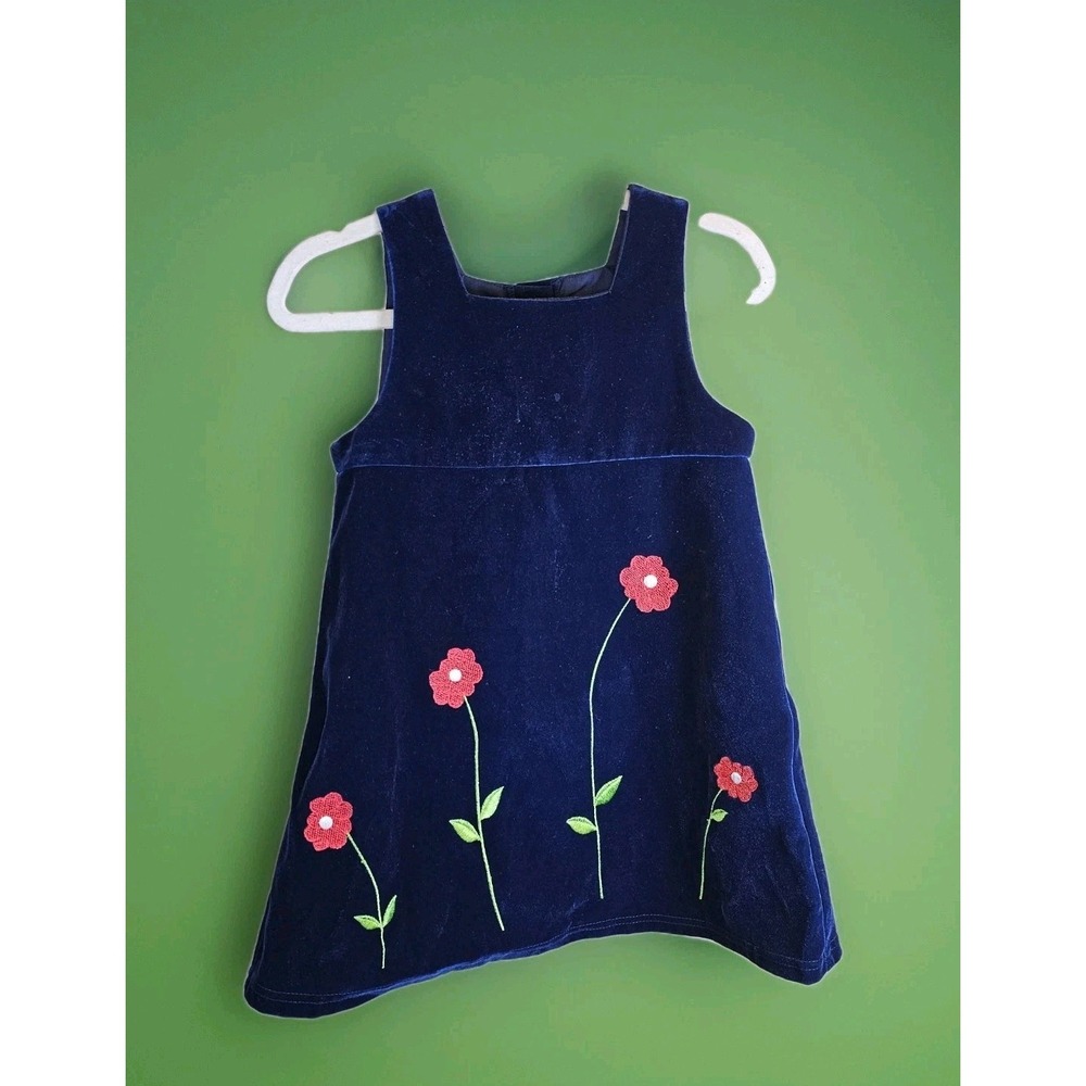Vintage Navy Floral Sleeveless Velvet Look Jumper Dress Girls Toddler Size 4